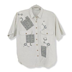 Red Rover Button Up Shirt Linen Cotton Blend Bandana Floral Patches Large L